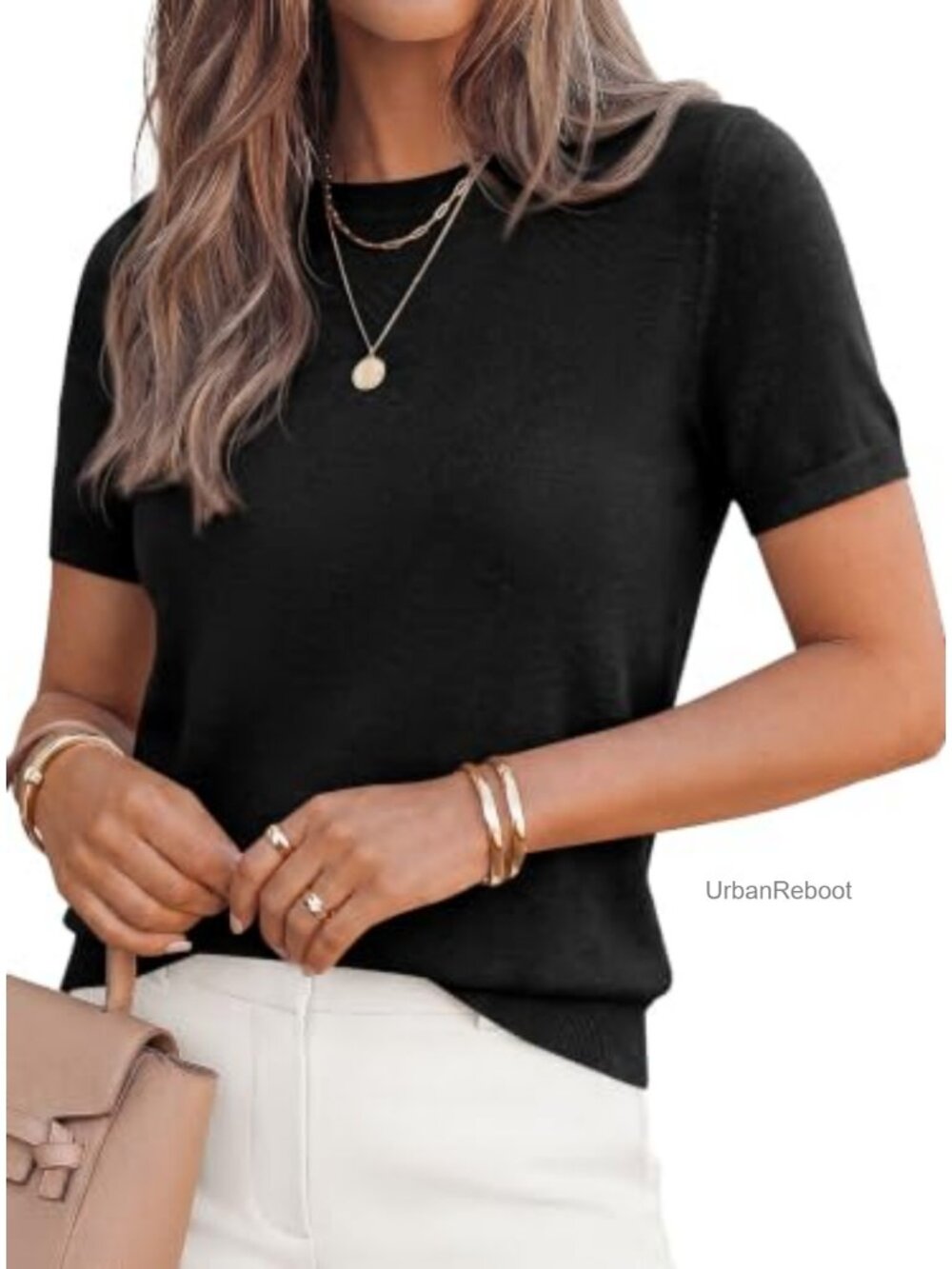 Women's Short Sleeve Ribbed Knit Pullover Sweater Crew Neck Lightweight